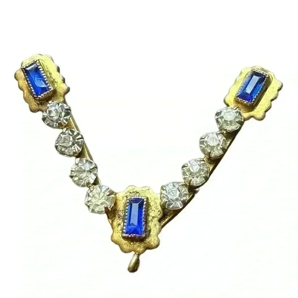 Vintage gold tone Brooch/Pendant - clear and blue stones